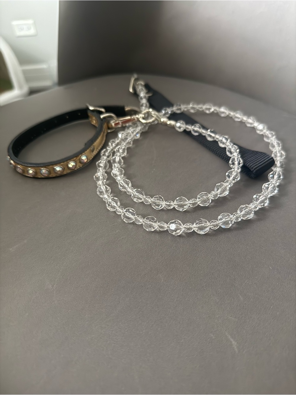 Crystal Beaded Dog Leash with Black Ribbon Handle